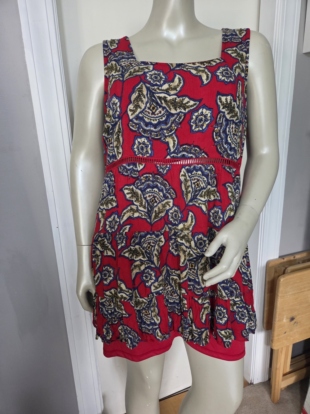 Maurices Red Floral Print Skater Dress with Navy & Cream Accents